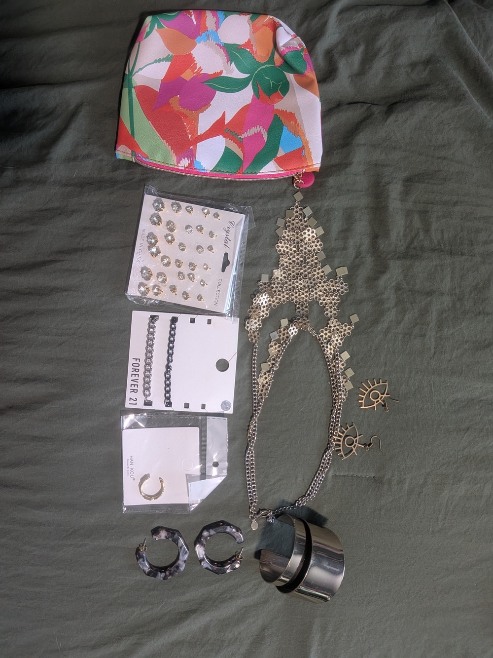 Ipsy May 2023 Floral Pink Green Orange Cosmetics Bag & Jewelry Bundle